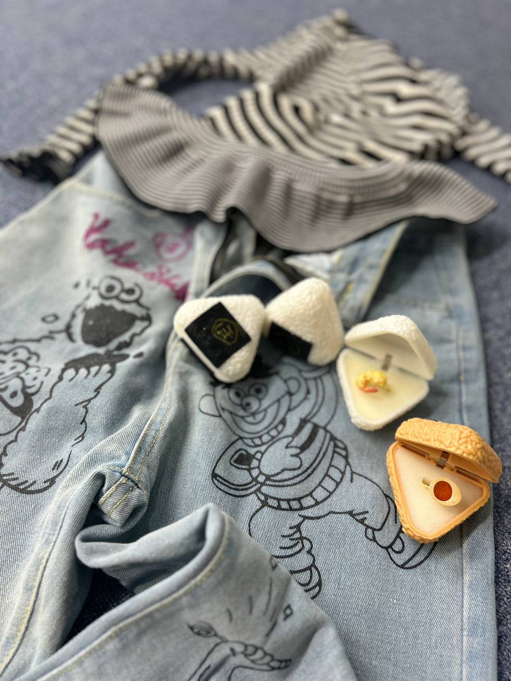 Kaho Shibuya Worn Sesame Street Jeans + Striped Top & Food-Shaped Rings (Signed)